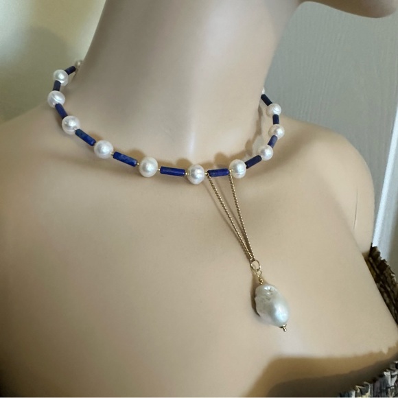 C106 New Handmade Natural Freshwater Pearl and Lapis Lazuli Choker - Picture 8 of 14